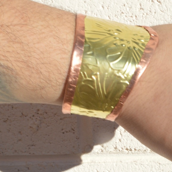 Rustic Brass Copper Cuff Bracelet Wide Floral Cowboy Gift Unisex Rustic Handmade - Picture 8 of 12